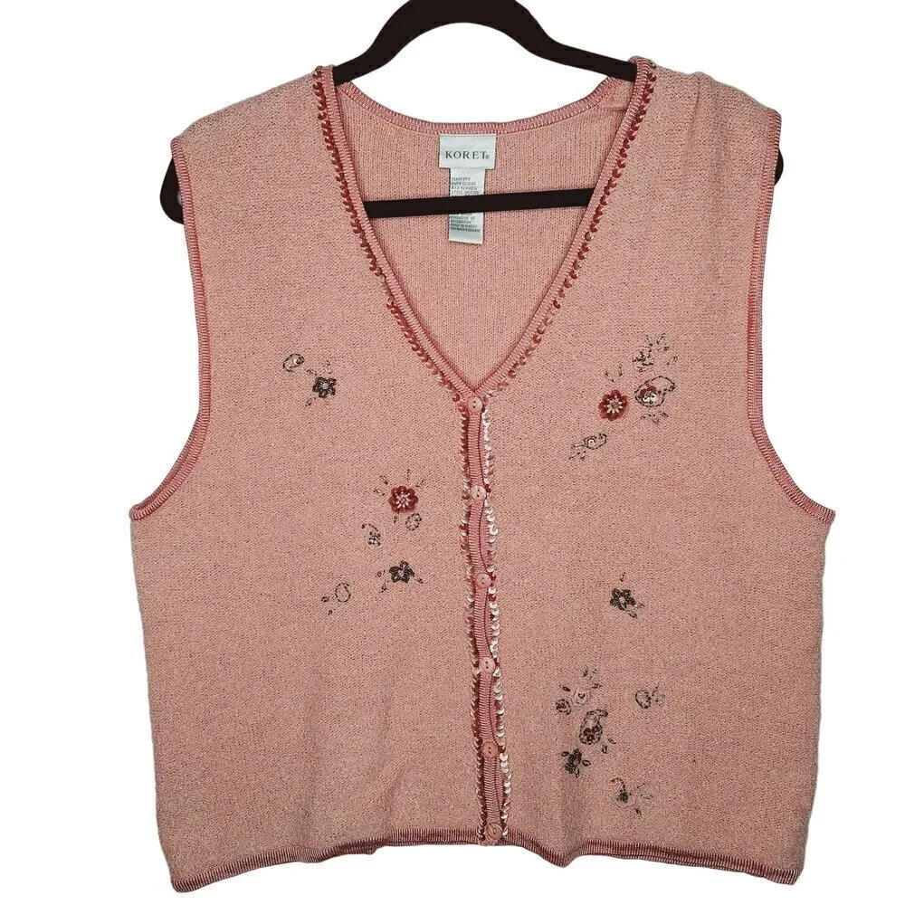Vintage Koret Sweater Vest Medium Wool Blend Boxy Oversized Beaded Sequined Pink
